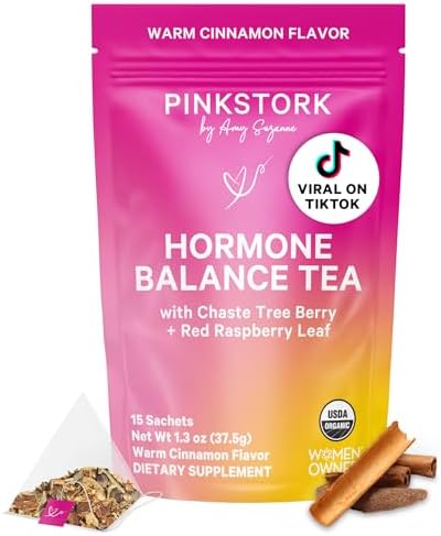 Pink Stork Hormone Balance Tea - Organic Red Raspberry Leaf + Vitex + Supporting Herbs - PMS, Perimenopause + Menopause - Warm Cinnamon - 30 Cups