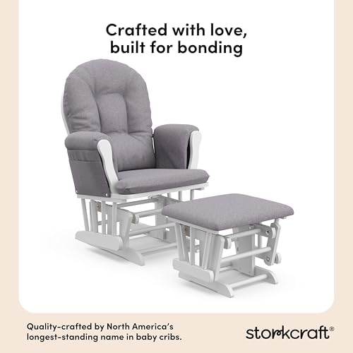 Storkcraft Premium Hoop Glider and Ottoman (White Base, Gray Swirl Cushion) – Padded Cushions with Storage Pocket, Smooth Rocking Motion, Easy to Assemble, Solid Hardwood Base