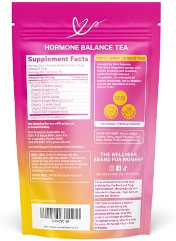 Pink Stork Hormone Balance Tea - Organic Red Raspberry Leaf + Vitex + Supporting Herbs - PMS, Perimenopause + Menopause - Warm Cinnamon - 30 Cups