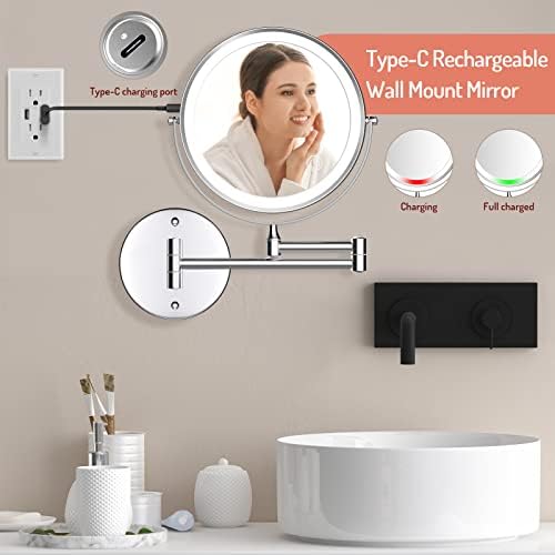 Rechargeable Wall Mounted Lighted Makeup Mirror, 8 Inch Double-Sided LED Vanity Mirror 1X/10X Magnification, 3 Color Lights Touch Screen Dimmable 360°Swivel Extendable Bathroom Mirror Valentine's Day