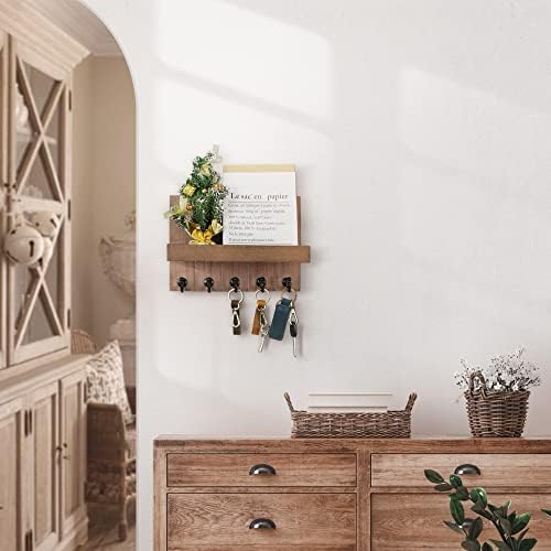 Rebee Vision Decorative Key Holder for Wall - Rustic Key Hooks with Shelf and Mail Organizer Wall Mount for Farmhouse Wall Decor Living Room - Home Essentials for New Home (Retro Brown)
