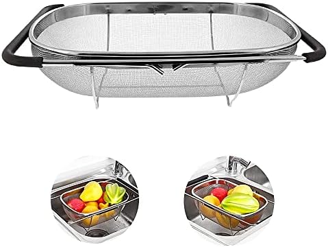 Beauenty Stainless Steel Over the Sink Colander Strainer Basket,Draining Basket,Sink Basket,Sink with Rubber Grip, Fine Mesh, Large Kitchen Gadgets Tools,Strainer Home Kitchen Essentials