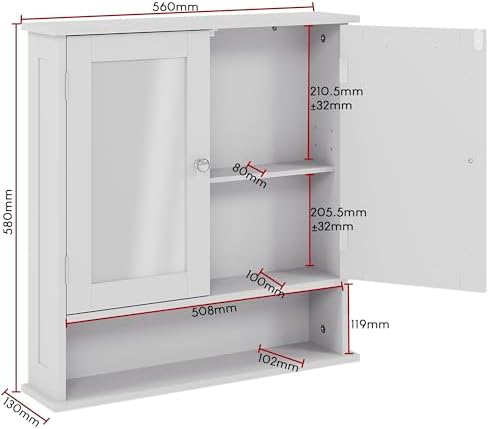 Bath Vida Bathroom Cabinet Mirrored Double Doors Wall Mounted Storage Furniture, White