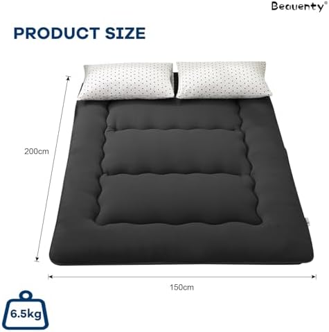 Beauenty Japanese Floor Mattress, Roll Up Quilted Bed Futon Mattress, Thicken Sleeping Pad, Portable Daybed Guest Bed,150 * 200CM Black (Style 1)
