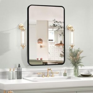 70×50cm Bathroom Wall Mirror - Black Aluminum Alloy Frame, Dual Horizontal/Vertical Mounting, Modern Square Mirror for Bathroom Decor, Durable & Rust-Resistant Design