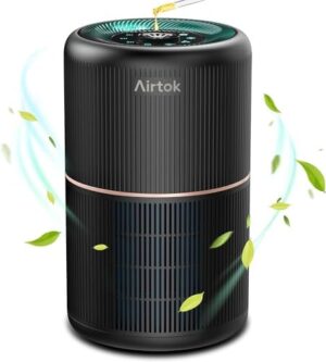 AIRTOK HEPA Air Purifier for Home Bedroom with Fragrance Sponges | 4-In-1 H13 True HEPA Air Filter for Smoke Dust Pollen Pet Dander Odors,99.97% Removal to 0.1 Microns | Ozone-Free, Night Light,Black