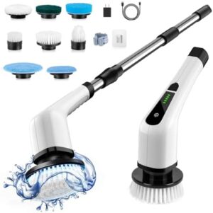 Cordless Electric Spin Scrubber, Electric Cleaning Brush with 8 Replacement Brush Heads, 90Mins Working Time, 3 Adjustable Handle, 2 Adjustable Speeds for Bathroom Kitchen Bathtub Glass Car