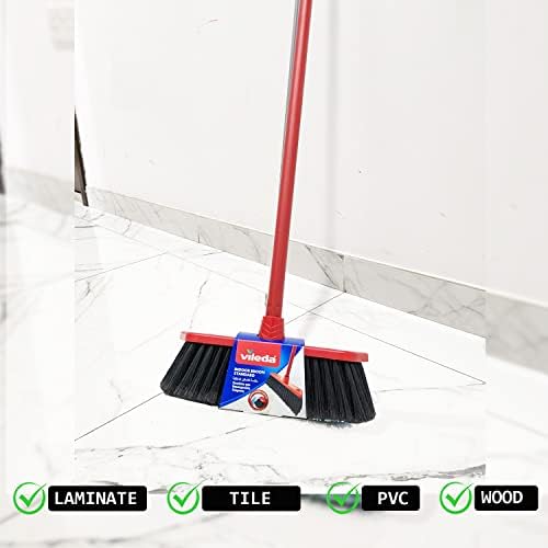 Vileda Standard Indoor Floor Broom with Stick, All Types Of Floors, Perfect Corner Cleaning, Lightweight, Red & Black, 30 x 5 x 140 Cm