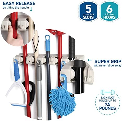 Home-It It Mop And Broom Holder, 5 Position With 6 Hooks Garage Storage Holds Up To 11 Tools, Solutions For Holders, Systems Organizer Shelving Ideas