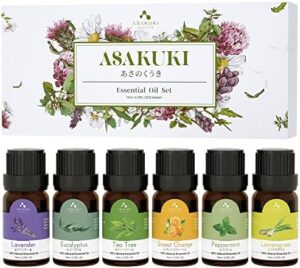 ASAKUKI Essential Oils Set, Starter Kit for Diffusers for Home Top6 Aromatherapy Gift - 6 Bottles*10mL(Lavender, Eucalyptus, Lemongrass, Tea Tree, Sweet Orange, Peppermint)