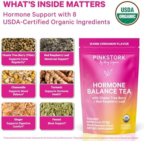 Pink Stork Hormone Balance Tea - Organic Red Raspberry Leaf + Vitex + Supporting Herbs - PMS, Perimenopause + Menopause - Warm Cinnamon - 30 Cups