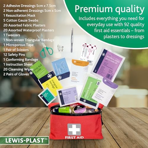 Lewis-Plast Premium 92 Piece First Aid Kit - Safety Essentials for Travel, Car, Home, Camping, Work, Hiking & Holiday Red, Small