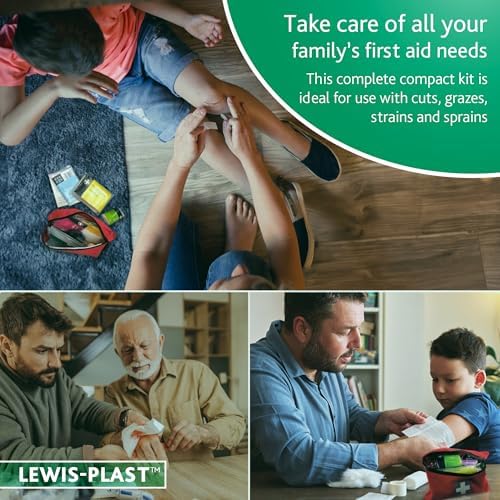 Lewis-Plast Premium 92 Piece First Aid Kit - Safety Essentials for Travel, Car, Home, Camping, Work, Hiking & Holiday Red, Small