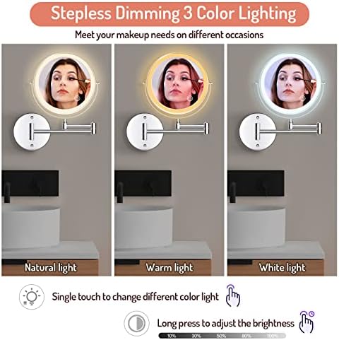 Rechargeable Wall Mounted Lighted Makeup Mirror, 8 Inch Double-Sided LED Vanity Mirror 1X/10X Magnification, 3 Color Lights Touch Screen Dimmable 360°Swivel Extendable Bathroom Mirror Valentine's Day