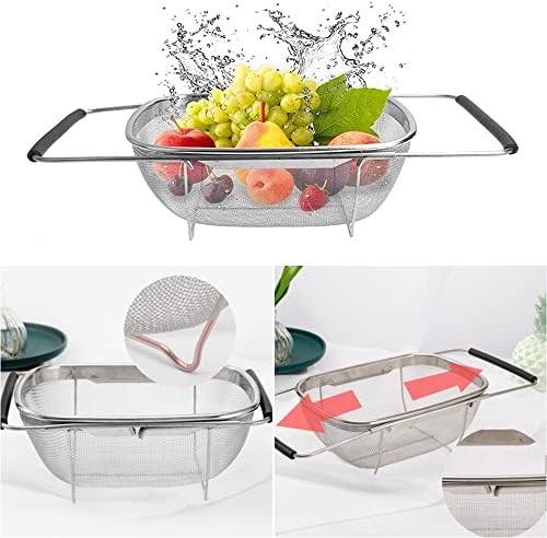 Beauenty Stainless Steel Over the Sink Colander Strainer Basket,Draining Basket,Sink Basket,Sink with Rubber Grip, Fine Mesh, Large Kitchen Gadgets Tools,Strainer Home Kitchen Essentials