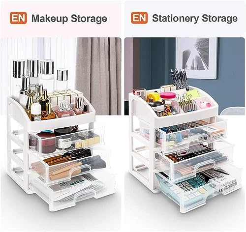 Makeup Organizer With 3 Drawers for Vanity, Skincare, Cosmetics, Eyeshadow, Brushes, Lipstick, Powders, Nail Polish - Great for Dresser, Bedroom, Bathroom (White)