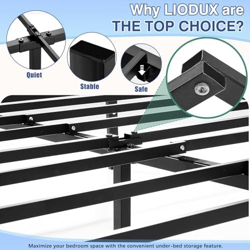 LIODUX 36CM High Bed Frame, High Metal Platform Bed Frame with Storage Space Under Bed, Mattress Foundation, Heavy Duty Steel Slat Support, Easy Assembly, Without Bed Board (QUEEN: 152x203cm)