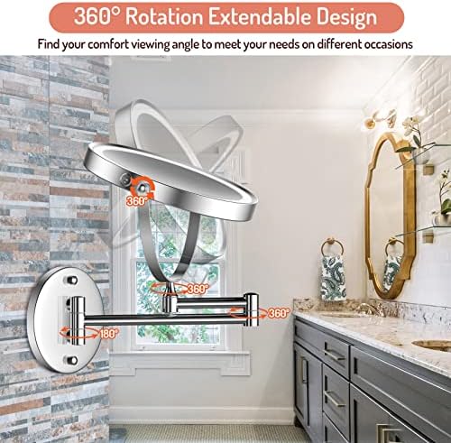 Rechargeable Wall Mounted Lighted Makeup Mirror, 8 Inch Double-Sided LED Vanity Mirror 1X/10X Magnification, 3 Color Lights Touch Screen Dimmable 360°Swivel Extendable Bathroom Mirror Valentine's Day