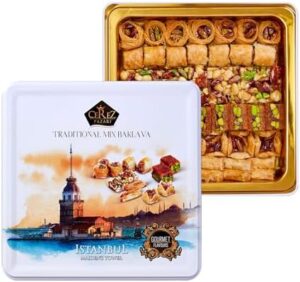 Cerez Pazari Baklava Pastry Gift Set - Turkish Baklava Pastry With Nuts & Spices - Baklava Gift Box From Turkey - Pastry, Halal Snacks - Assorted 45-48 Pieces Per Metal Dessert Box - 1.32 lbs