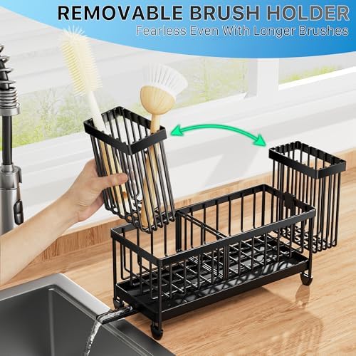 Cisily Sponge Holder for Kitchen Sink, Sink Caddy with High Brush Holder, Organzier Rustproof 304 Stainless Steel Dish Organizer Divider, Soap Dispenser Storage