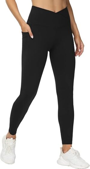 THE GYM PEOPLE Womens' V Cross Waist Workout Leggings with Tummy Control and Pockets