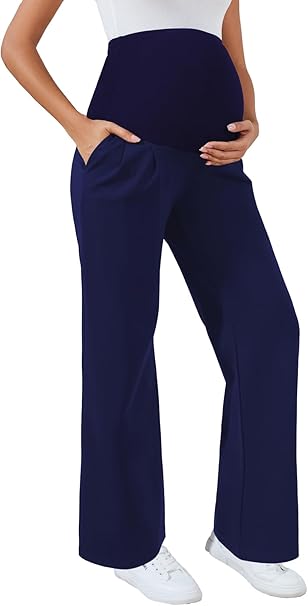 Ecavus Women's Wide Leg Maternity Pants with Pockets - Stretchy Over The Belly Pregnancy Casual and Work Trousers