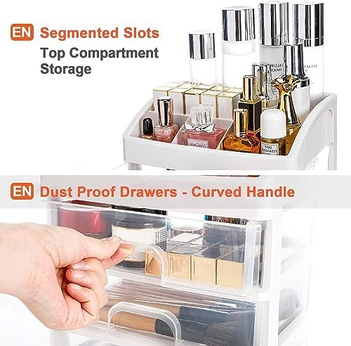 Makeup Organizer With 3 Drawers for Vanity, Skincare, Cosmetics, Eyeshadow, Brushes, Lipstick, Powders, Nail Polish - Great for Dresser, Bedroom, Bathroom (White)