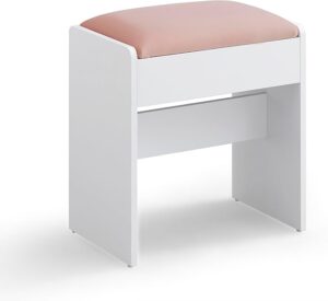 VASAGLE Dressing Table Stool Velvet Dressing Table Chair Upholstered Makeup Stool Feet Feet Pads for Bedroom Dressing Room Entryway Matte White & Candy Pink RDS001W01