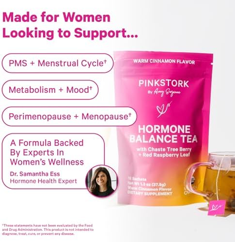 Pink Stork Hormone Balance Tea - Organic Red Raspberry Leaf + Vitex + Supporting Herbs - PMS, Perimenopause + Menopause - Warm Cinnamon - 30 Cups