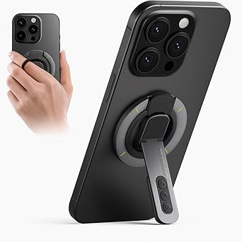Phone Grip for Magsafe Phone Stand 360°Roration Gym Holder Phone Kickstand Silicone Finger Ring Innovative Pressure-Relief Damping Hinge Design with Magnet Ring Compatible All Phones (Black)