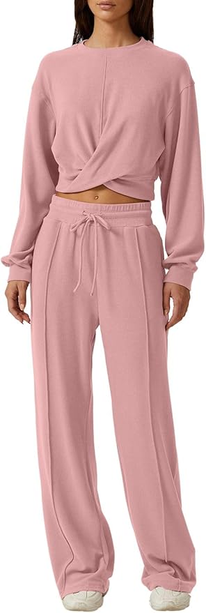 QINSEN Women 2 Piece Outfits Sweatsuit Set Twist Front Cropped Sweatshirt Wide Leg Sweatpant Lounge Set Tracksuit