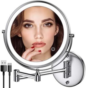 Rechargeable Wall Mounted Lighted Makeup Mirror, 8 Inch Double-Sided LED Vanity Mirror 1X/10X Magnification, 3 Color Lights Touch Screen Dimmable 360°Swivel Extendable Bathroom Mirror Valentine's Day