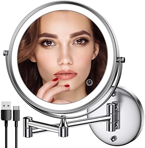 Rechargeable Wall Mounted Lighted Makeup Mirror, 8 Inch Double-Sided LED Vanity Mirror 1X/10X Magnification, 3 Color Lights Touch Screen Dimmable 360°Swivel Extendable Bathroom Mirror Valentine's Day