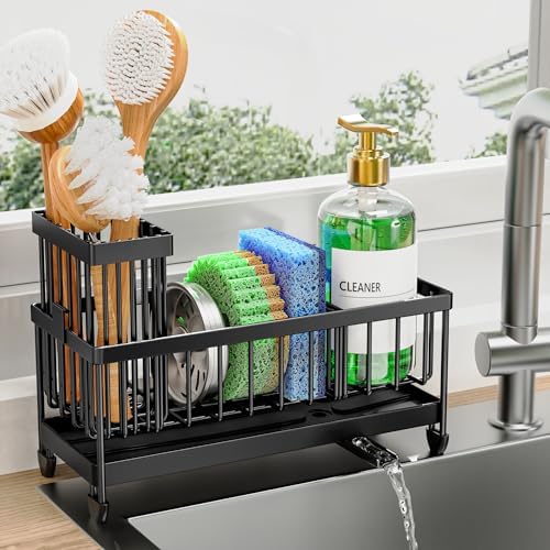 Cisily Sponge Holder for Kitchen Sink, Sink Caddy with High Brush Holder, Organzier Rustproof 304 Stainless Steel Dish Organizer Divider, Soap Dispenser Storage