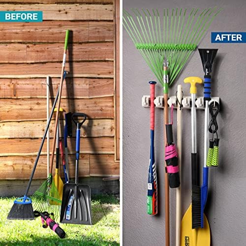 Home-It It Mop And Broom Holder, 5 Position With 6 Hooks Garage Storage Holds Up To 11 Tools, Solutions For Holders, Systems Organizer Shelving Ideas