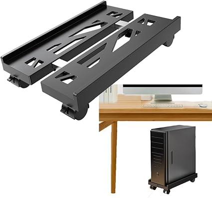 Azonee Desktop Computer Host Rack, Adjustable Mobile CPU Stand with 4 Caster Wheels, Ventilated PC Tower Holder for Gamers & Students, Fits Most PCs, Under Desk PC Riser & Floor Cart (Black)