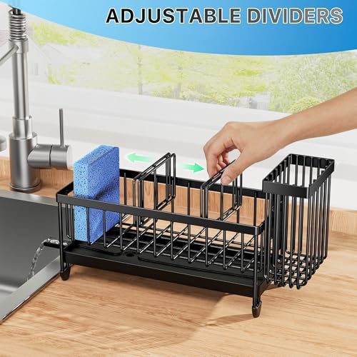 Cisily Sponge Holder for Kitchen Sink, Sink Caddy with High Brush Holder, Organzier Rustproof 304 Stainless Steel Dish Organizer Divider, Soap Dispenser Storage