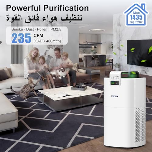 PINREK Air Purifier for Home Large Room up to 1435 Sq Ft, 400m³/h CADR, HEPA Filter for Dust Smoke Pollen, Ultra Quiet 24dB Sleep Mode, Air Cleaner with Aroma Diffuser, AQI Display (White with App)
