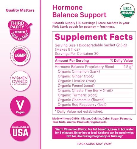 Pink Stork Hormone Balance Tea - Organic Red Raspberry Leaf + Vitex + Supporting Herbs - PMS, Perimenopause + Menopause - Warm Cinnamon - 30 Cups