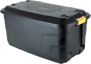STRATA Made in UK, Heavy Duty Outdoor Storage Box with Lid and Wheels, Storage Trunk 110 Litres, 77L x 42W x 50.5H cm Black STR XW420 BLK/YEL EX