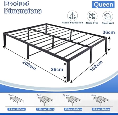 LIODUX 36CM High Bed Frame, High Metal Platform Bed Frame with Storage Space Under Bed, Mattress Foundation, Heavy Duty Steel Slat Support, Easy Assembly, Without Bed Board (QUEEN: 152x203cm)