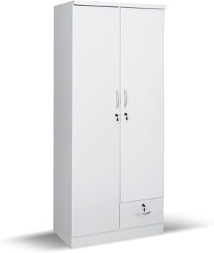 Galaxy Design 2 Door Wooden Wardrobe With 1 Lockable Drawer White Color - Size ( 80L x 45D x 185H ) Cm Model GDF-621W.