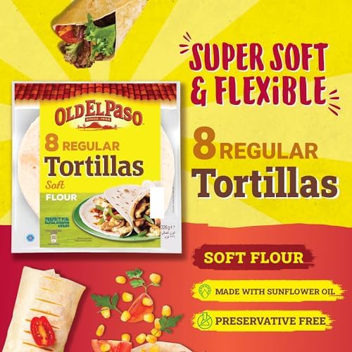 Old El Paso Soft Tortilla Wraps, Flour, 326g, Made Exclusively with Sunflower Oil, Preservative Free, Your Choice of Tortilla for Fajitas, Burritos, & Sandwiches, Super Soft, and Flexible, 8 Pieces