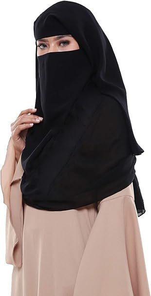 Ziya Muslim Women's Black colored Niqab 3 layer Formal Wear Georgette Burka Dress