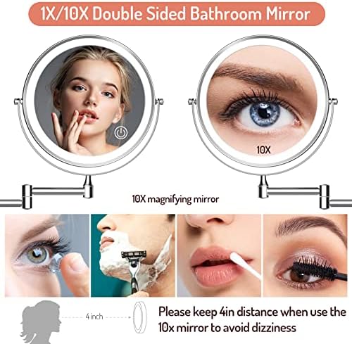 Rechargeable Wall Mounted Lighted Makeup Mirror, 8 Inch Double-Sided LED Vanity Mirror 1X/10X Magnification, 3 Color Lights Touch Screen Dimmable 360°Swivel Extendable Bathroom Mirror Valentine's Day