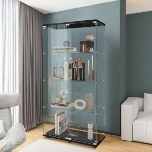 Glass Display Cabinet with 4 Shelves, 2 Doors Curio Cabinets for Living Room, Bedroom, Office, Black Floor Standing Glass Bookshelf, Quick Installation