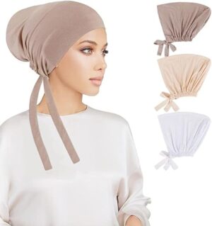 Goodern 3 Pcs Women Hijab Undercap - Islamic Muslim Cap Fashion Solid Color Jersey Headband Inner Scarf With Tie Adjustable Head Wrap Hat for Women Girls-Style 3, One Size