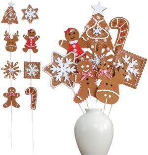 8 PCS 14 Inch Christmas Gingerbread Men Picks Set for Christmas Tree and Wreath DIY, Cute Xmas Gingerbread Cookie Picks for Vase Filler Centerpieces, Xmas Fake Snow Candy Tree Decor