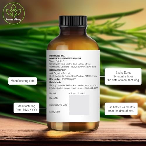 MAJESTIC PURE Lemongrass Essential Oil | 118 ml | 100% Pure and Natural Lemongrass Oil | Premium Grade Essential Oils for Hair Care, Home Diffusers, Skin, Aromatherapy, Massage and Humidifiers