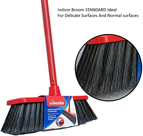 Vileda Standard Indoor Floor Broom with Stick, All Types Of Floors, Perfect Corner Cleaning, Lightweight, Red & Black, 30 x 5 x 140 Cm